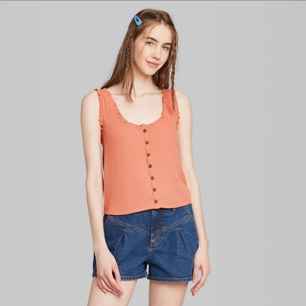 Wild Fable Top Tank Ruffle Button Front Scoop Neck Waffle Knit Rust S NWT New